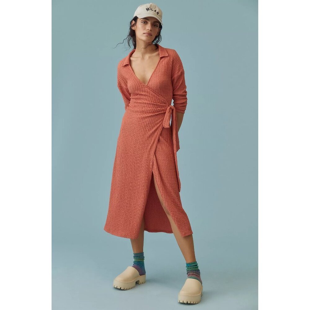 By Anthropologie womens orange 3/4 sleeve v neck Waffle Wrap Dress size XS